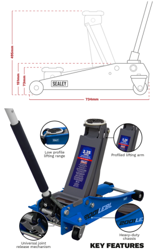 Sealey 2.25 Tonne Low Profile Trolley Jack with Rocket Lift- Blue 2001LEBL-SEA - 2001LEBLImage4.png