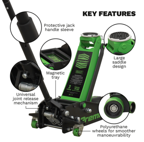 Sealey Low Profile Trolley Jack with Rocket Lift 3 Tonne - Green 3040AG-SEA - 3040AGImage1.png