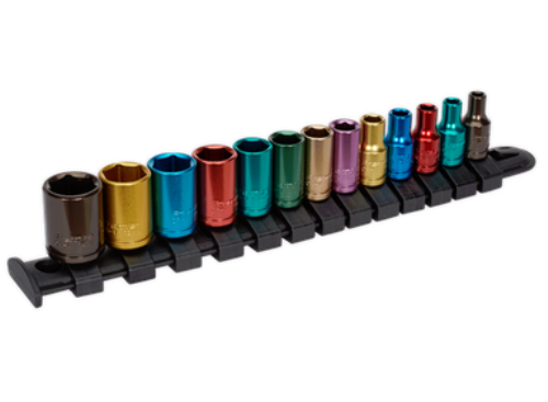 Sealey 13pc 1/4 Inch Sq Drive Multi-Coloured Socket Set WallDrive AK2872-SEA - AK2872Image1.png