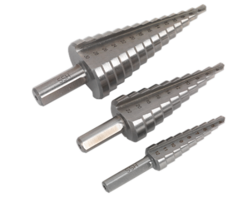 Sealey 3 Piece Double Flute HSS 4341 Step Drill Bit Set AK4746-SEA - AK4746Image1.png