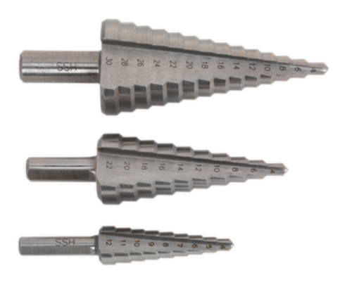 Sealey 3 Piece Double Flute HSS 4341 Step Drill Bit Set AK4746-SEA - AK4746Image3.png