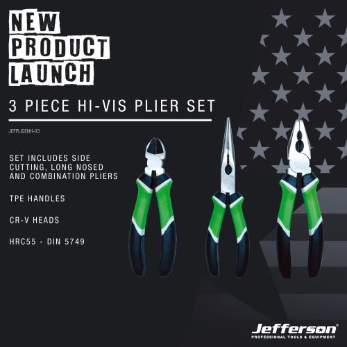Jefferson 3 Piece Hi-Vis Plier Set (Side Cut Long Nosed Combination) JEFPLIGENH-03-JEF - jefpligenh-03__3.jpg